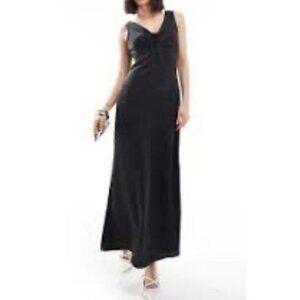 ASOS Curve Maxi Long Dress 22 Black Silky Satin Sleeveless Flowy V Neck NEW